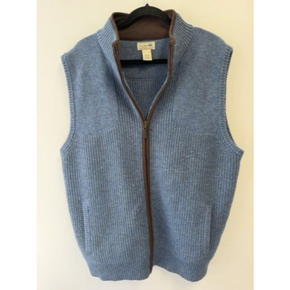 L.L.Bean Men’s Blue Merino Lambswool Full Zip Sweater Vest Stand-Up Collar L